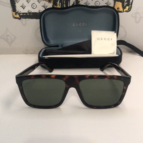 New Authentic Gucci GG0748S 003 Havana Rectangular Sunglasses Green Lenses main image 9